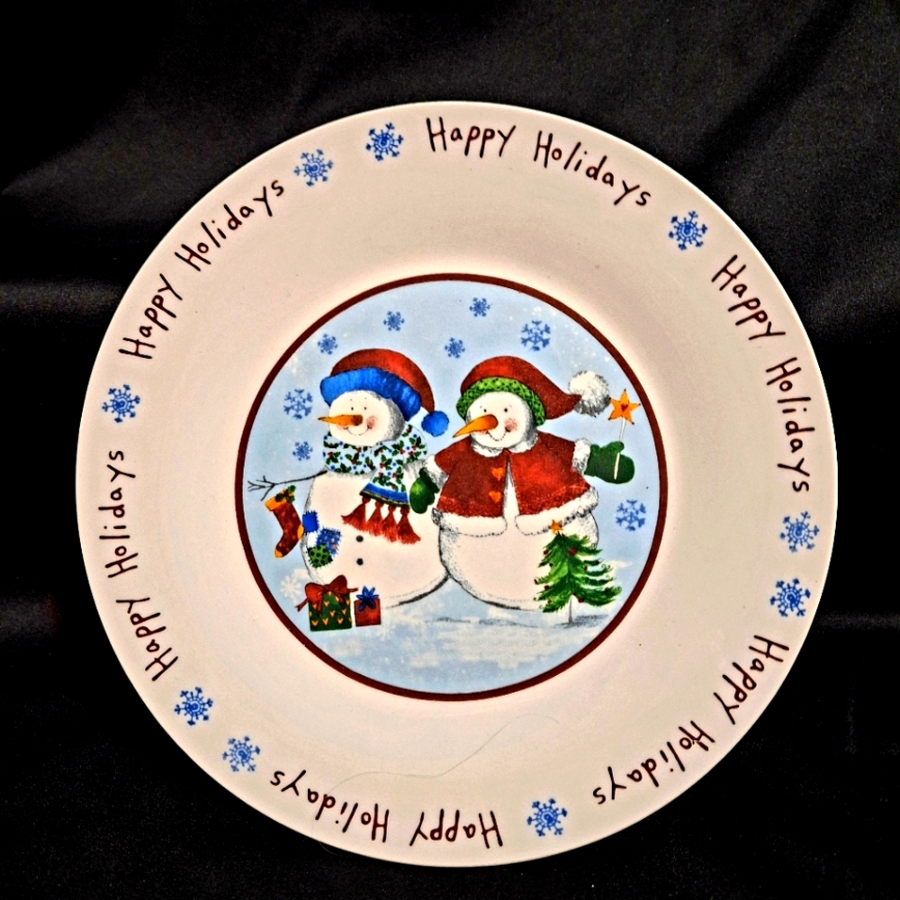 Happy Holidays Dinner Plate~Snowman & Woman~Christmas~Winter